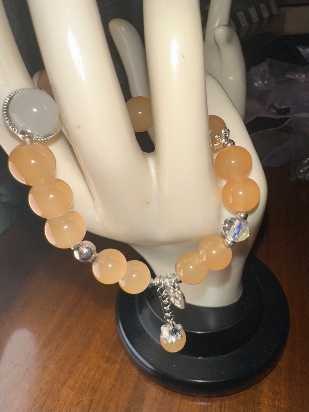 Handcrafted Peach Bead Charm Stretch Bracelet